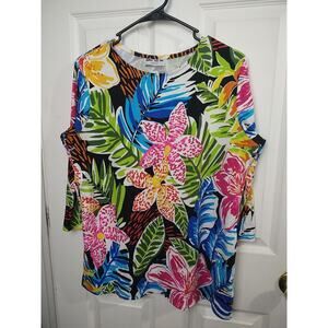 Shane Lee Inc Woman L* Blouse Tropical Hawaiian 3/4 Sleeve Stretch Vac Casual